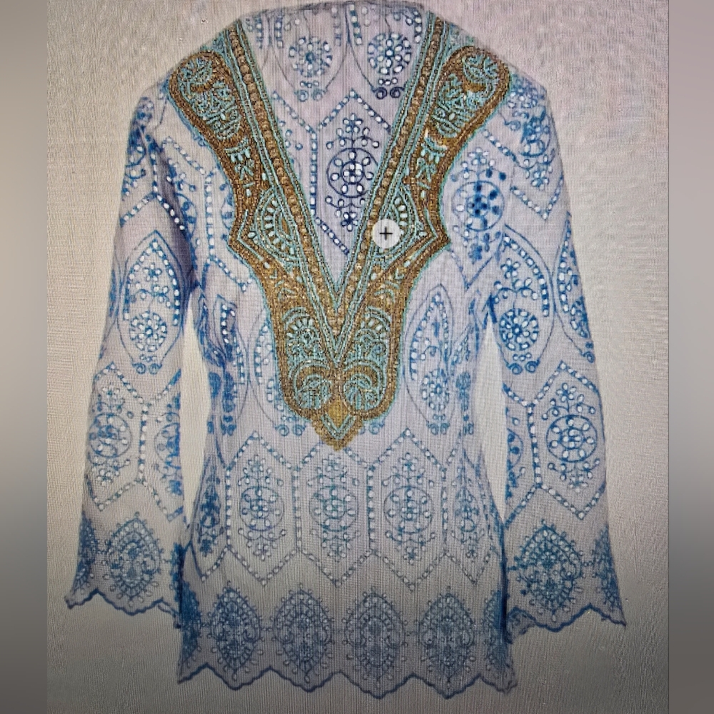 Blue and Gold Long Sleeve Embellished Blouse